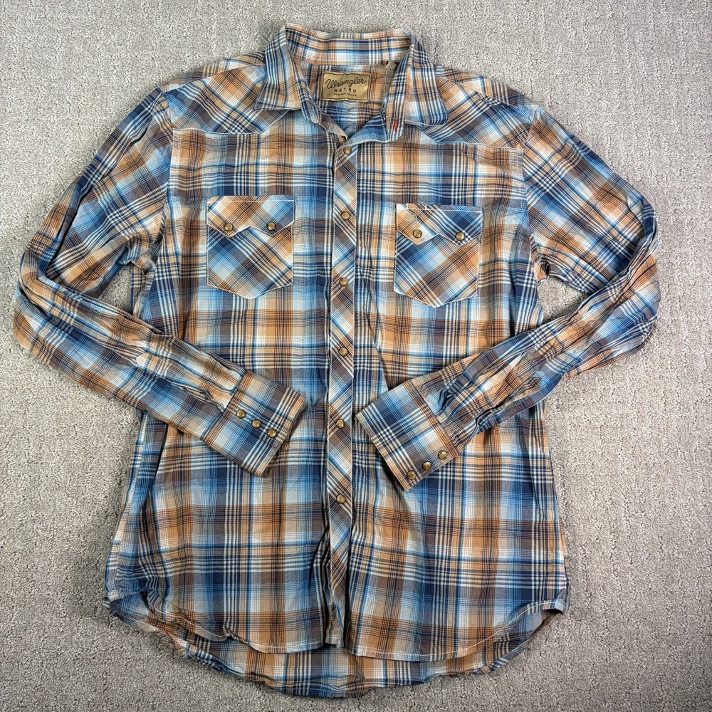 Wrangler Retro Mens XL Western Plaid Pearl Snap Shirt Blue Orange Sawtooth